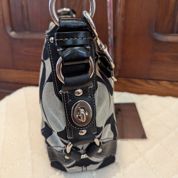 Coach Signature Carly Hobo Black Gray Canvas Brass Shoulder Bag Purse 12871 - Picture 4 of 12